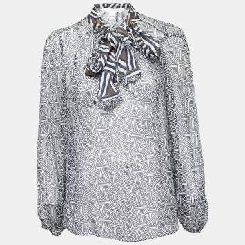 Pre Owned Diane Von Furstenberg Blue Printed Sheer Silk Tie-Neck Fernanda Blouse L