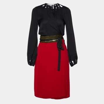 Pre Owned Diane Von Furstenberg Black and Red Silk Kiandra Wrap Dress M