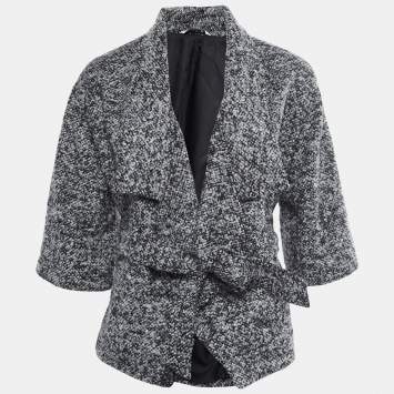 Pre Owned Diane von Furstenberg Grey Boucle Wool Belted Cropped Coat S