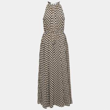 Pre Owned Diane Von Furstenberg  Beige Geometric Print Crepe Halter Neck Maxi Dress L