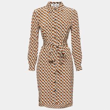 Pre Owned Diane Von Furstenberg Orange Printed Silk Belted Shirt Dress XS
