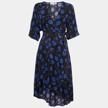 Pre Owned Diane Von Furstenberg Black/Blue Floral Printed Silk Wrap Midi Dress XS