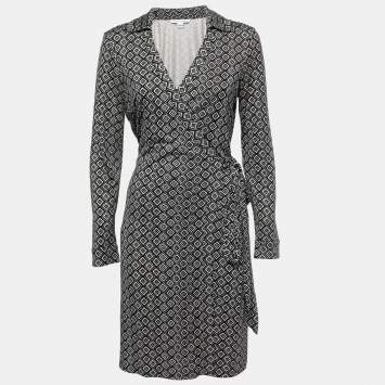 Pre Owned Diane von Furstenberg Black Printed Jersey-Silk Jeanne Wrap Dress L