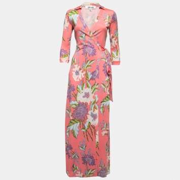 Pre Owned Diane Von Furstenberg Pink Floral Printed Jersey Maxi Wrap Dress S