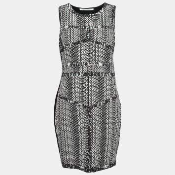 Pre Owned Diane Von Furstenberg  Black Printed Contrast Knit Sleeveless Midi Dress L