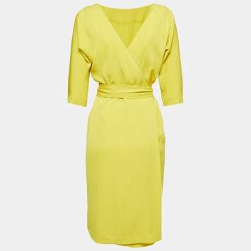 Pre Owned Diane Von Furstenberg Yellow Silk Wrap Around Midi Dress S