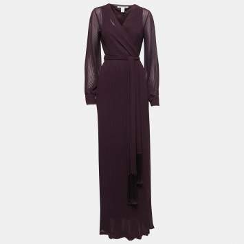 Pre Owned Diane Von Furstenberg Deep Purple Pleated Chiffon Wrap Maxi Dress M