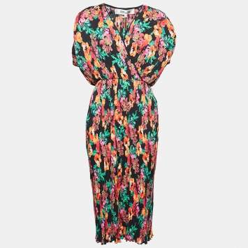 Pre Owned Diane Von Furstenberg Black Floral Watercolor Printed Crepe Pleated Wrap Dress S