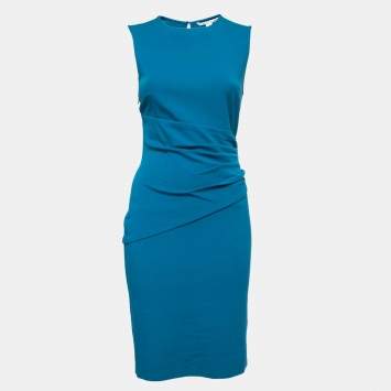 Pre Owned Diane Von Furstenberg Blue Jersey Ruched Bodycon Dress S
