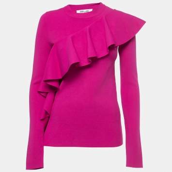 Pre Owned Diane von Furstenberg Pink Knit Ruffle Detail Sweater Top S