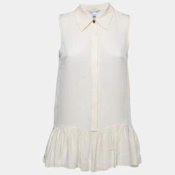 Pre Owned Diane Von Furstenberg Cream Silk Sleeveless Ruffled Hem Top S