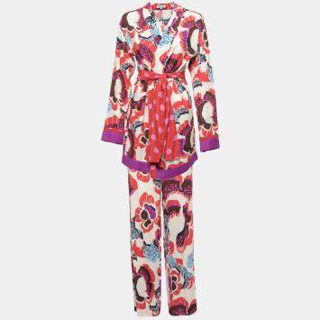 Pre Owned Diane von Furstenberg Multicolor Printed Crepe Kimono Top and Pant Set S