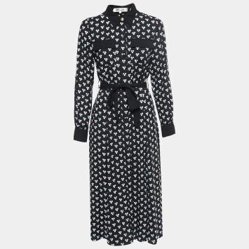 Pre Owned Diane Von Furstenberg Black Printed Crepe Button Front A-Line Maxi Dress M