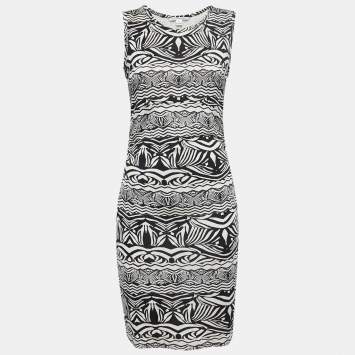 Pre Owned Diane Von Furstenberg Black/White Printed Jersey Selene Dress M