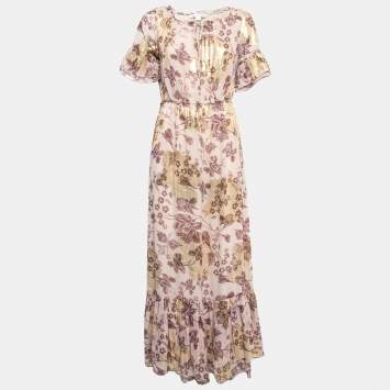Pre Owned Diane Von Furstenberg Dusty Pink Printed Silk & Lurex Ruffle Detailed Maxi Dress S