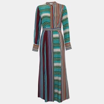 Pre Owned Diane Von Furstenberg Multicolor Striped Silk Button Front Flared Shirt Maxi Dress S
