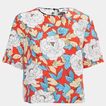 Pre Owned Diane Von Furstenberg Red/Black Floral Printed Silk Short Sleeve Boxy Blouse M