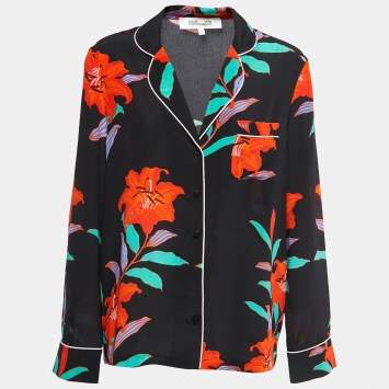 Pre Owned Diane Von Furstenberg Black Floral Printed Silk Pajama Top M