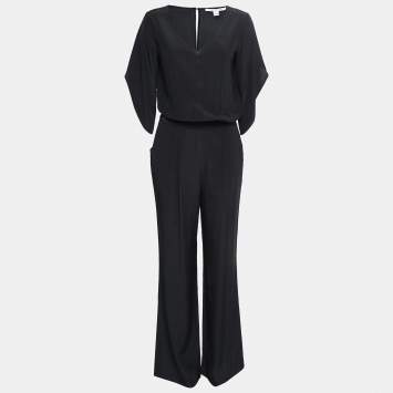 Pre Owned Diane Von Furstenberg Black Silk Half Cape Sleeve Jumpsuit M
