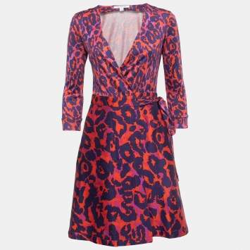 Pre Owned Diane Von Furstenberg Multicolor Printed Jersey Wrap Dress S