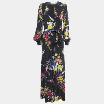 Pre Owned Diane Von Furstenberg Black Floral Print Silk Belted Waist Maxi Dress M