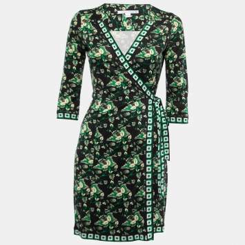 Pre Owned Diane Von Furstenberg Black & Green Printed Silk Knit Tallulah Two Mini Wrap Dress M
