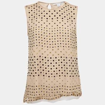 Pre Owned Diane Von Furstenberg Dusty Pink Embellished Silk Sleeveless Top S