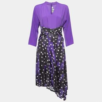 Pre Owned Diane Von Furstenberg Purple Printed Jersey & Crepe Long Sleeve Asymmetrical Midi Dress S
