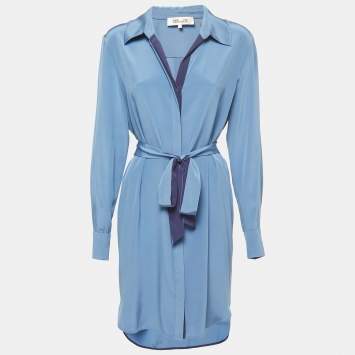 Pre Owned Diane Von Furstenberg Blue & Violet Silk Button Front belted Shirt Dress L