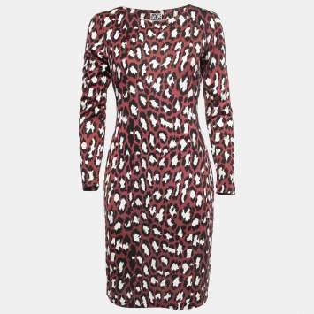 Pre Owned Diane by Diane Von Furstenberg Burgundy Animal Printed Silk Knit Muriel Dress M