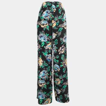 Pre Owned Diane Von Furstenberg Black Floral Printed Crepe Wide Leg Pants M 