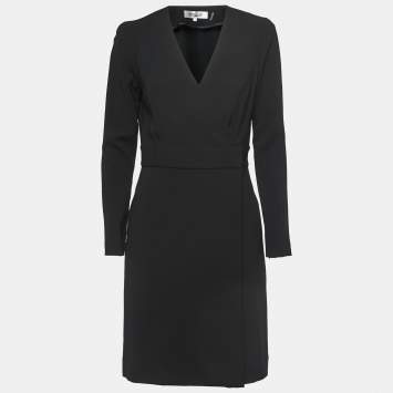 Pre Owned Diane Von Furstenberg Black Crepe Wrap Effect Midi Dress M
