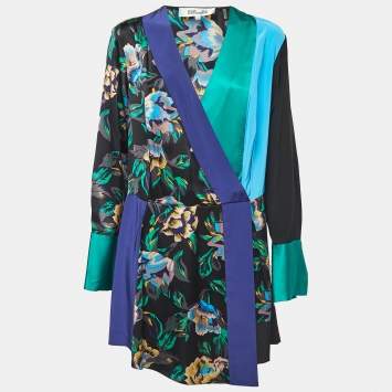 Pre Owned Diane Von Furstenberg Multicolor Printed Satin Silk Wrap Mini Dress S