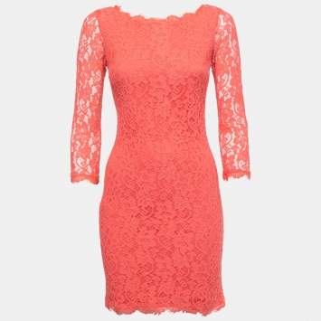 Pre Owned Diane Von Furstenberg Coral Pink Lace Long Sleeve Mini Dress S