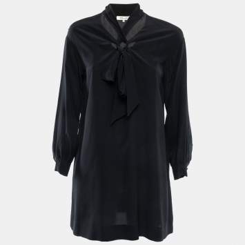 Pre Owned Diane Von Furstenberg Black Silk Neck Tie Detail Flared Mini Dress XXS
