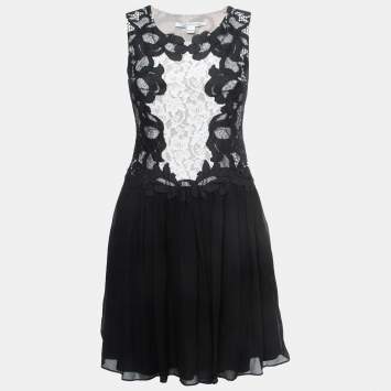 Pre Owned Diane Von Furstenberg Black/White Lace & Silk Sleeveless Mini Dress S