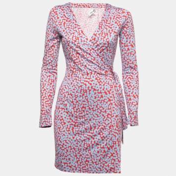 مملوكة مسبقًا Diane Von Furstenberg Red/Blue Printed Silk New Julian Two Wrap Dress S