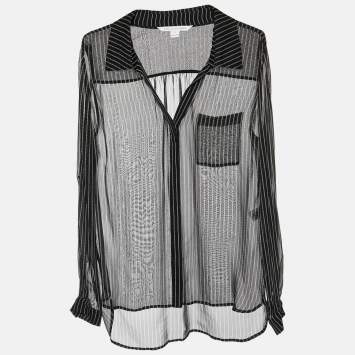 Pre Owned Diane Von Furstenberg Black Striped Silk Sheer Shirt L