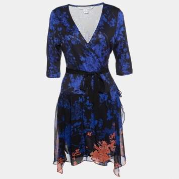 Pre Owned Diane von Furstenberg Black & Navy Blue Floral Printed Knit & Chiffon Riviera Wrap Dress M