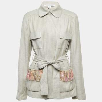 Pre Owned Diane Von Furstenberg Grey Linen Blend Open Front Belted Coat XL