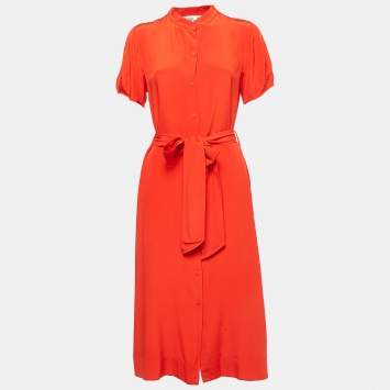 Pre Owned Diane Von Furstenberg Dark Orange Crepe Button Front Belted Midi Dress S
