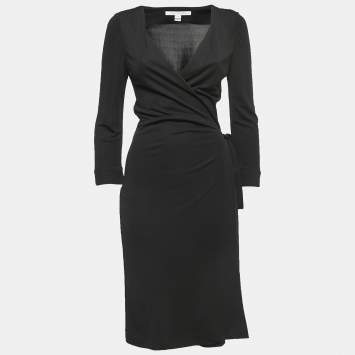 Pre Owned Diane Von Furstenberg Black Jersey Wrap Mini Dress L