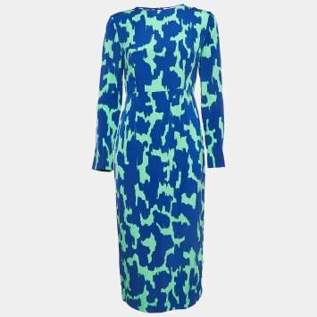 Pre Owned Diane von Furstenberg Blue/Green Print Crepe Midi Dress S