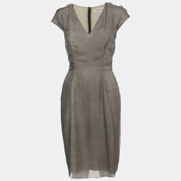 Pre Owned Yves Saint Laurent Grey Snake Print Silk V-Neck Short Dress M
