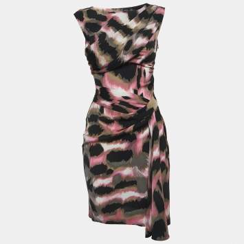 Pre Owned Diane Von Furstenberg Black/Pink Print Silk Draped Sleeveless Short Dress XS