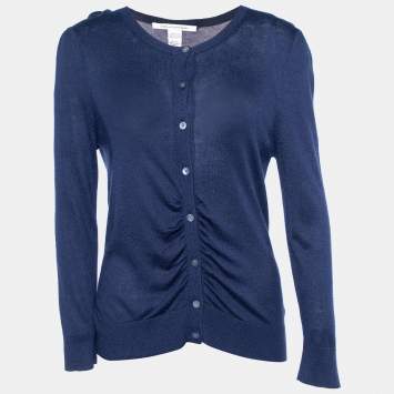 Pre Owned Diane von Furstenberg Navy Blue Silk & Cashmere Knit Ruched Cardigan L