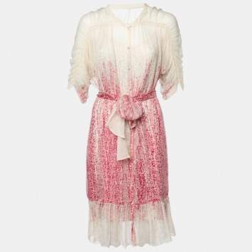 Pre Owned Diane Von Furstenberg Cream Floral Printed Silk Chiffon & Satin Lined Belted Kittine Dress L