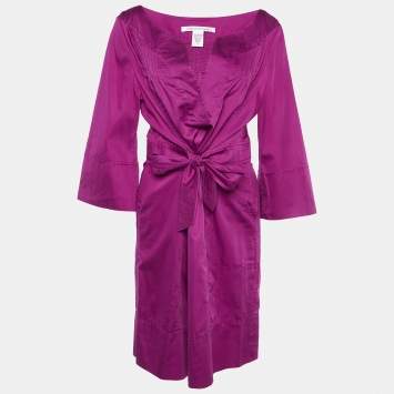 Pre Owned Diane Von Furstenberg Magenta Cotton Pintuck Tie Detail Faustine Dress XL