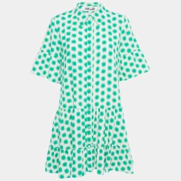 Pre Owned Diane Von Furstenberg Cream/Green Print Cotton Button Front Mini Dress M
