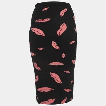 Pre Owned Diane Von Furstenberg Black/Pink Lips Patterned Knit Pencil Skirt XS